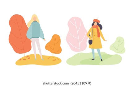 Season Scene with Woman Character Walking in Autumn Day and Spring Vector Set