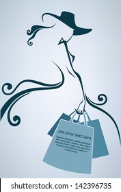 season of shopping, vector commercial background with girl silhouette and shopping bags