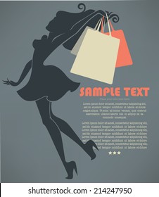 season of shopping, vector commercial background with girl silhouette and shopping bags