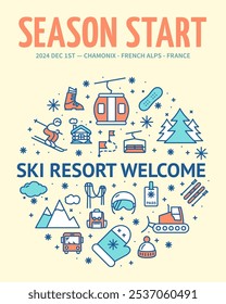 Season Start Ski Resort Concept Vertical Invitation Placard Poster Banner Card Template. Vector illustration of Starting Winter Activity