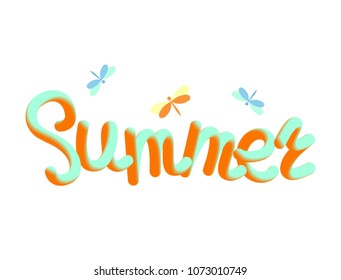 Season of summer, funny letters with dragonflies on a white background. Poster, background with 3d effect. Vector EPS10