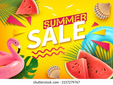 Season Summer Sale Ads Banner Concept Poster Card with Sliced Watermelon and Flamingo Swimming Ring. Vector illustration