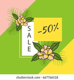 Season summer sale banner template vector. Tropic floral background. Fashion design for women shop coupon offer, email promotion, vacation resort poster or spa beauty flyer.