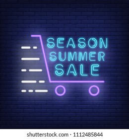 Season summer sale neon sign. Blue lettering, fast violet shopping cart. Night bright signboard. Vector illustration in neon style for billboards, banners, emblems