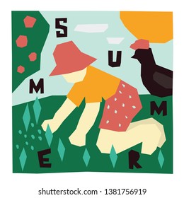 Season Summer. Vector illustration of man in the garden grooming plants. Summer village landscape with poultry and farmer in the hat