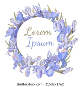 Season template with irises isolated on white. For design gift boxes, announcements, postcards, posters, invitations