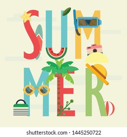 Season theme text art of summer decorated with pop color and summer stuff.Text art for your season themed project