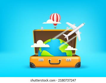 Season travel concept with suitcase. 3d vector illustration