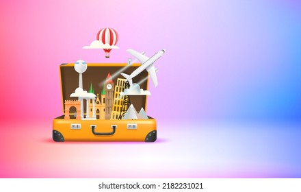 Season travel concept with suitcase and famous world sights. Vector 3d banner 