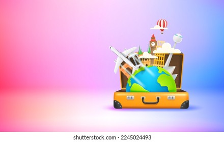 Season travel concept with suitcase and famous world sights. Vector 3d banner with copy space