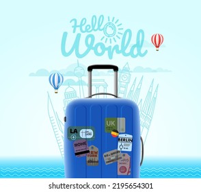 Season travel concept with suitcase and silhouettes of buildings. 3d vector illustration