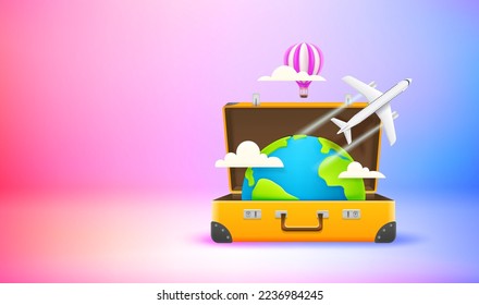 Season travel concept with suitcase. Vector 3d banner with copy space
