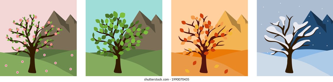 Season tree icons for travel website. Season graphic design flat vector illustration. Square park environment with mountains and tree in summer, spring, winter, autumn, fall.