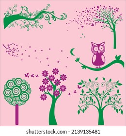 season tree vector clipart flower plant leafs bird jungle sticker decal green life illustration background 