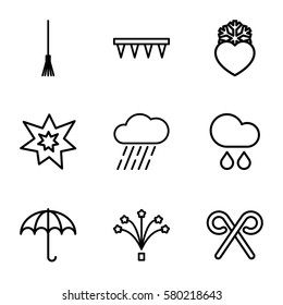 season vector icons. Set of 9 season outline icons such as rake, plowing tool, rain, heart frozen, candy cane, fireworks
