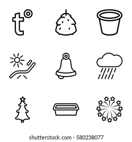 season vector icons. Set of 9 season outline icons such as berry, sunbed, rain, pot for plants, christmas tree, fireworks, temperature
