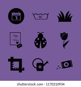 season vector icons set. with grass, ladybug, watering can and crop in set