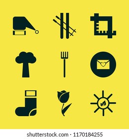 season vector icons set. with tree, crop, pitchfork and tulip in set
