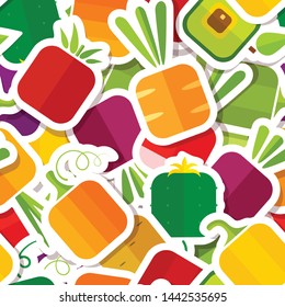 Season vegetable patch style seamless pattern. Trendy food design sticker background in modern colors with square garden vegetables. Cute vector illustration for social media promotion post design