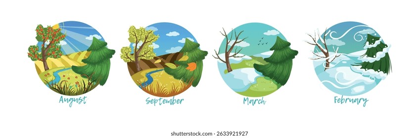Season Weather Scene and View in Round Vector Set