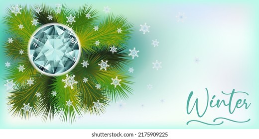 Season winter banner with diamond and pine branches, vector illustration	