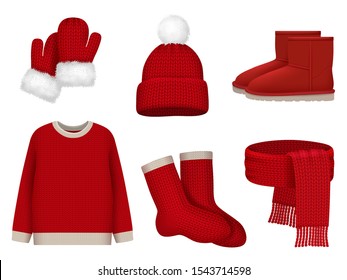 Season winter clothes. Wool scarf cold weather hat mittens and socks vector realistic clothes fashioned collection. Scarf and sweater, christmas mittens and cap illustration