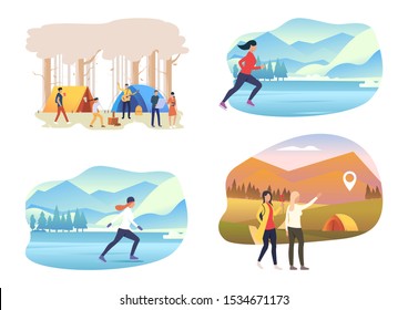 Seasonal activities illustration set. People skating on ice, camping outdoors. Activity concept. Vector illustration for topics like active tourism, sport, vacation, lifestyle