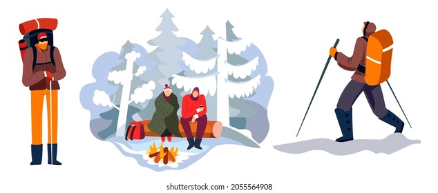 Actividades de temporada al aire libre, campamentos de invierno y senderismo, con equipo en bosques silvestres. Gente aislada con mochilas calentándose por la hoguera. Polos de senderismo y bolsas. Vector de estilo plano