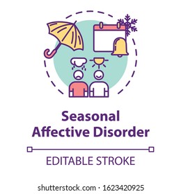 Seasonal affective disorder concept icon. SAD depression. Dependence of mood on weather. Mental health idea thin line illustration. Vector isolated outline RGB color drawing. Editable stroke