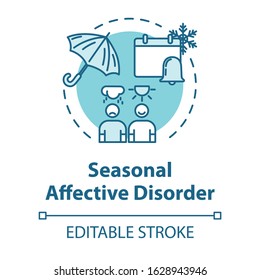 Seasonal affective disorder concept icon. SAD depression. Dependence of mood on weather. Mental health idea thin line illustration. Vector isolated outline RGB color drawing. Editable stroke