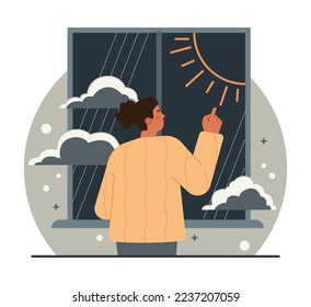 Seasonal affective disorder. Lack of sunshine and short daylight hours. Character suffers from seasonal depression. Mental health problem concept. Flat vector illustration