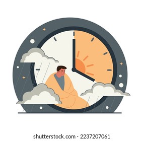 Seasonal affective disorder. Lack of sunshine and short daylight hours. Character suffers from seasonal depression. Mental health problem concept. Flat vector illustration