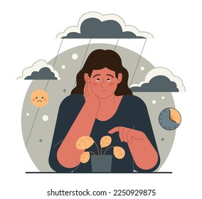 Seasonal affective disorder. Lack of sunshine and short daylight hours. Character suffers from seasonal depression. Mental health problem concept. Flat vector illustration