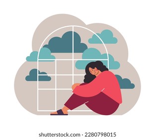 Seasonal affective disorder. Lack of sunshine and short daylight hours. Character suffers from seasonal depression. Mental health problem concept. Flat vector illustration