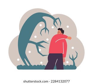 Seasonal affective disorder. Lack of sunshine and short daylight hours. Character suffers from seasonal depression. Mental health problem concept. Flat vector illustration