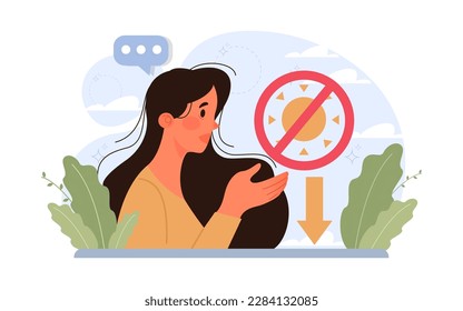 Seasonal affective disorder. Lack of sunshine and short daylight hours. Character suffers from seasonal depression. Mental health problem concept. Flat vector illustration