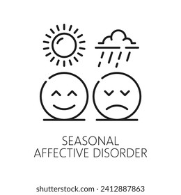 Seasonal affective disorder psychological disorder problem, mental health. Psychotherapy, human psychology or cognitive disorder, mental health problem outline vector sign with sad and happy smile