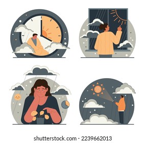 Seasonal affective disorder set. Lack of sunshine and short daylight hours. Character suffers from seasonal depression. Mental health problem concept. Flat vector illustration