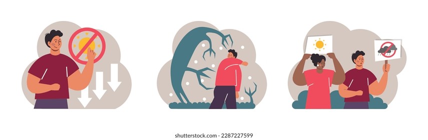 Seasonal affective disorder set. Lack of sunshine and short daylight hours. Character suffers from seasonal depression. Mental health problem concept. Flat vector illustration