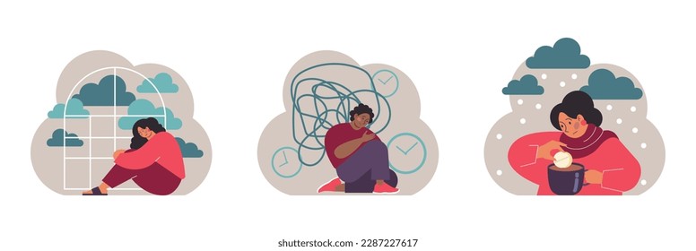 Seasonal affective disorder set. Lack of sunshine and short daylight hours. Character suffers from seasonal depression. Mental health problem concept. Flat vector illustration