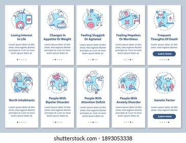 Síntomas de trastorno afectivo estacional a bordo de la pantalla de la aplicación móvil con conceptos definidos. Grupos de alto riesgo recorren 5 pasos de instrucciones gráficas. plantilla de vector de interfaz de usuario con ilustraciones de color RGB