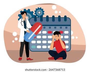 Conceito de tratamento de transtorno afetivo sazonal. Médico que apresenta um comprimido a um paciente sentado em frente a um calendário, simbolizando a gestão da saúde, os horários de prescrição e o atendimento médico.