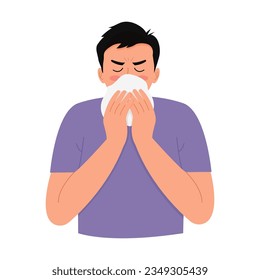 Seasonal allergies. Boy with a runny nose and watery eyes. Symptoms of runny nose and cough.