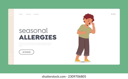 Seasonal Allergies Landing Page Template. Symptoms Of A Child's Respiratory Illness, Marked By Abrupt Expulsions Of Air From The Mouth And Nose. Cartoon Vector Illustration