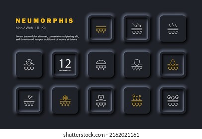 Seasonal allergies set icon. Evaporation, sunscreen, moisturizing, pure vapor, protection acne. Scin care concept. Neomorphism style. Vector line icon for Business and Advertising