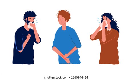 Seasonal allergy. Allergic people, scratching skin, coughing and sneezing. Isolated ill man woman vector illustration