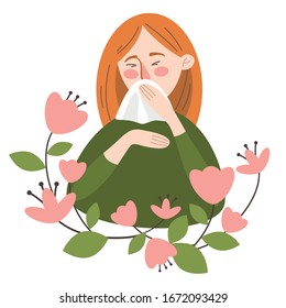 Seasonal Allergy Concept. An allergic to pollen girl  sneezes into a handkerchief. Allergy to flowering.  Woman with allergy symptoms blows her nose or sneezes into a handkerchief. Vector illustration