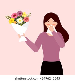 Seasonal Allergy Concept. An allergic to pollen girl sneezes into a handkerchief. Allergy to flowering. Woman with allergy symptoms blows her nose or sneezes into a handkerchief.