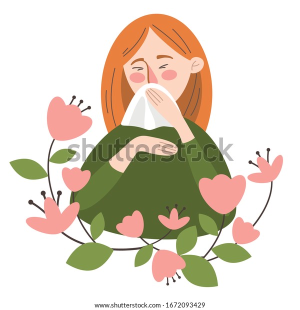 季節性アレルギーのコンセプト 花粉を好む女の子がハンカチにくしゃみをする 花アレルギー アレルギー症状の女性は鼻を吹くか ハンカチ にくしゃみをする ベクターイラスト のベクター画像素材 ロイヤリティフリー