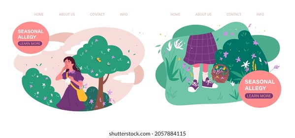 Seasonal allergy concept. Girl sneezes because of pollen of plants. Seasonal deterioration of health, rhinitis. Landing page template. Cartoon flat vector collection isolated on white background